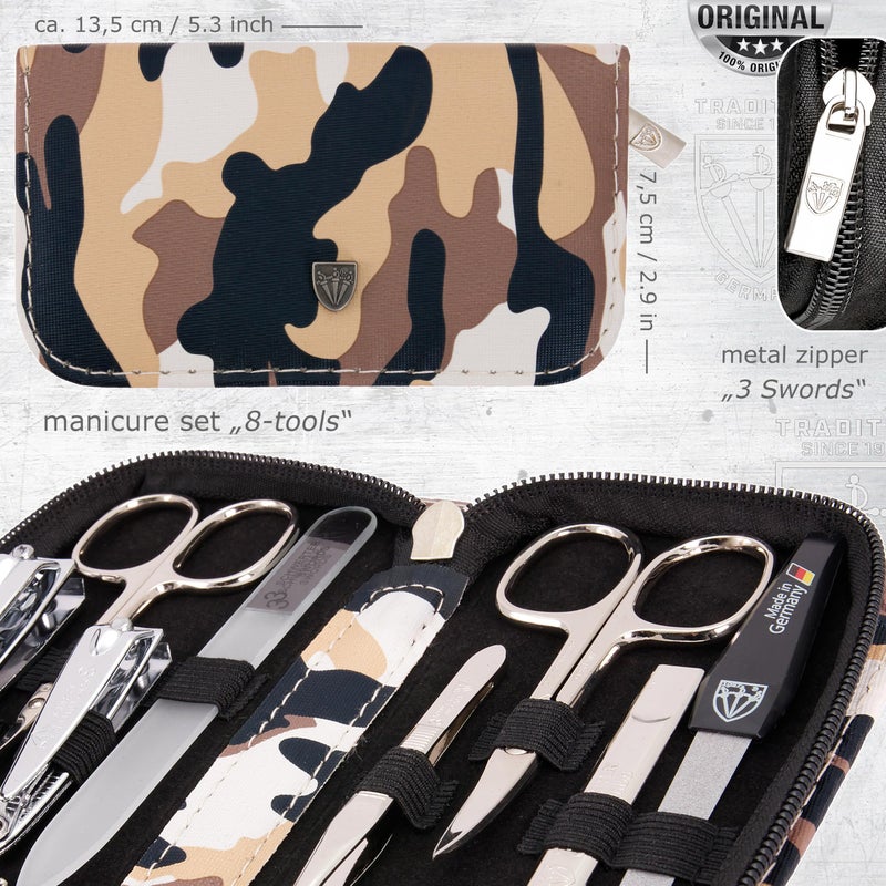 3 Swords Germany - brand quality 8 piece manicure pedicure grooming kit set synthetic leather case camouflage - Made in Germany - Image 5